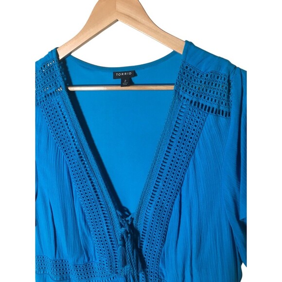 Torrid Dress Women's Size 2X Blue Lace Trim V-Neck Tie Closure Short Sleeve - Picture 6 of 8